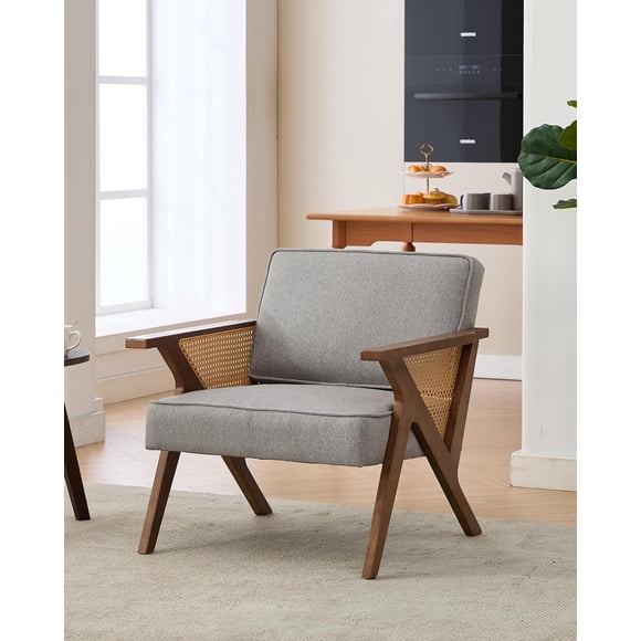 Fauteuil d'Appoint Moderne Mi-Siècle - Fauteuil Rembourré en Lin avec Accoudoirs et Pattes en Bois, Style Lounge en Rotin - Parfait pour Salon, Chambre, Salle d'Attente - Revêtement Gris, Cadre Brun