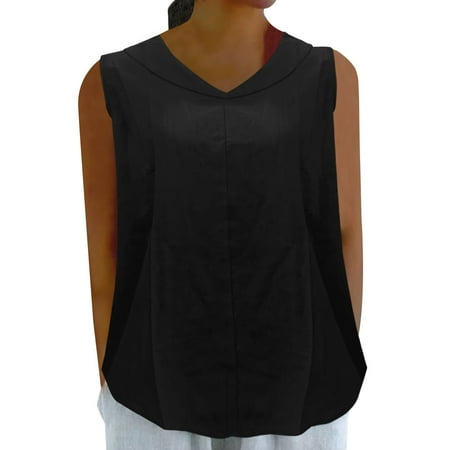 Hassda Clearance Spring Tops for Women Women s 2025 New Solid Color V Neck Cotton and Linen Loose Hooded Top Vest Vest Suspender Strap Plain T Shirts for Women Black XXL