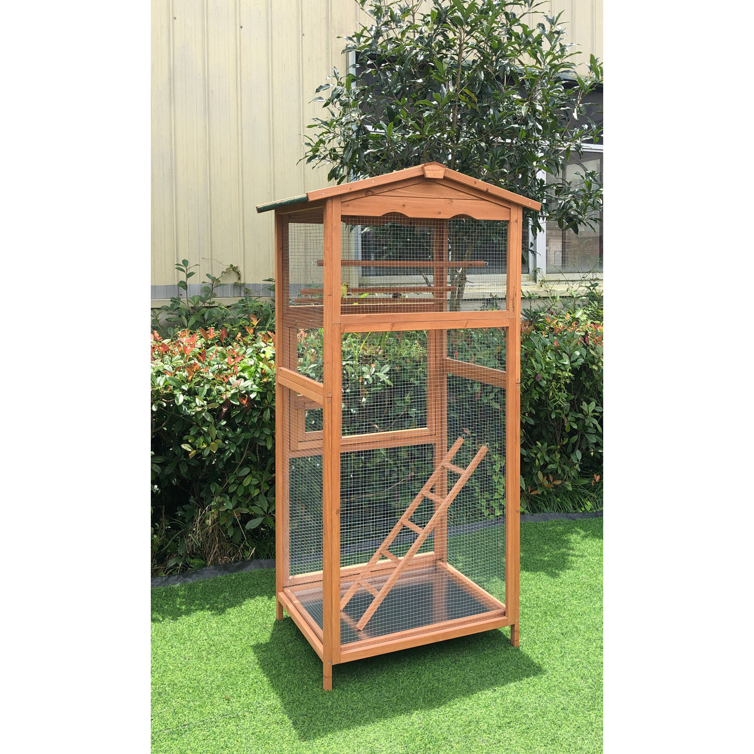 Hanover Outdoor Wooden Bird Cage with 3 Resting Bars, Ladder, Waterproof Roof and Removable Tray, 2.9 Ft. x 2.1 Ft. x 5.8 Ft. - image 5 of 12
