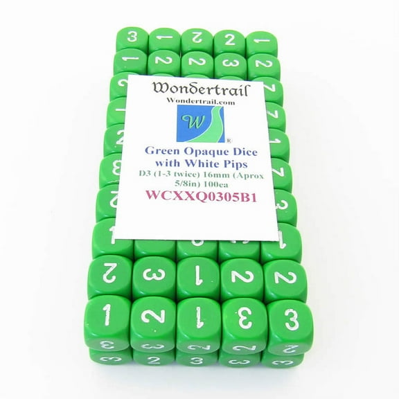 Green Opaque Dice with White Numbers D3 (D6 1-3 Twice) 16mm (5/8in) Pack of 100 Wondertrail