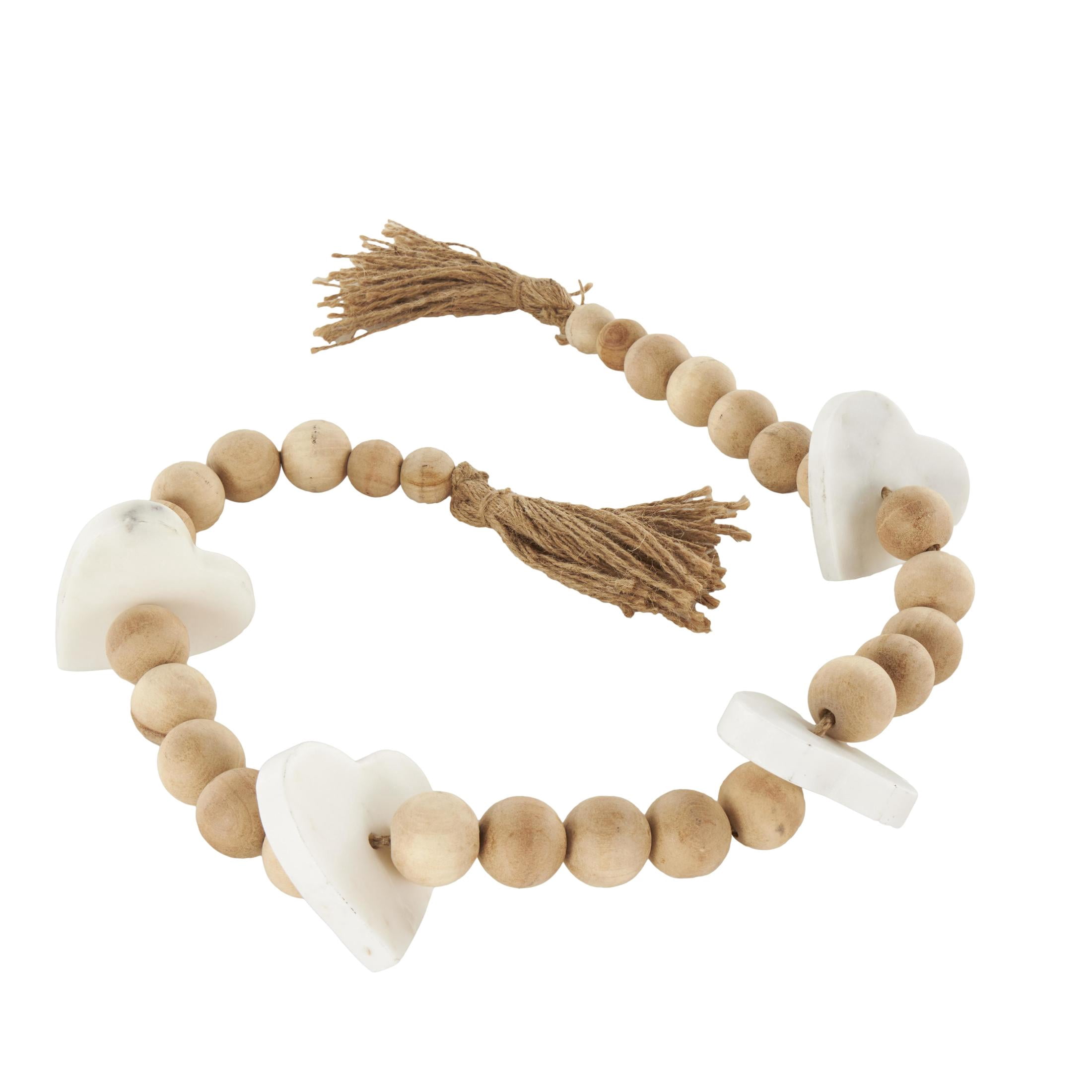 DecMode Handmade Light Brown Marble Heart Garland with Tassel with Knotted Brown Jute and White Accents