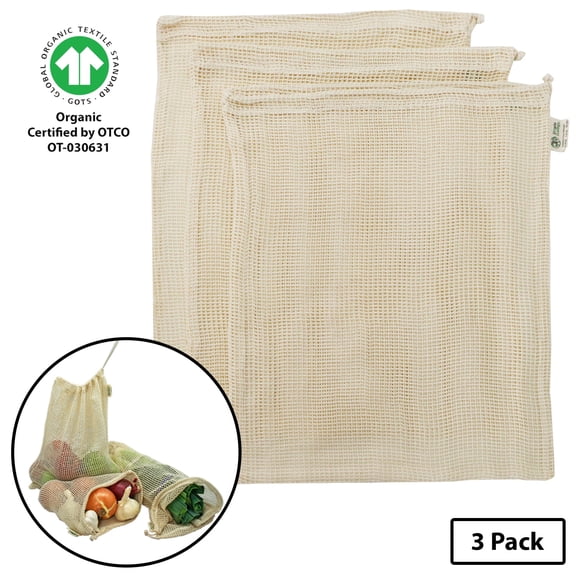 Organic Cotton Mesh Reusable Grocery Shopping Produce Bags - X-Large 3 Pack