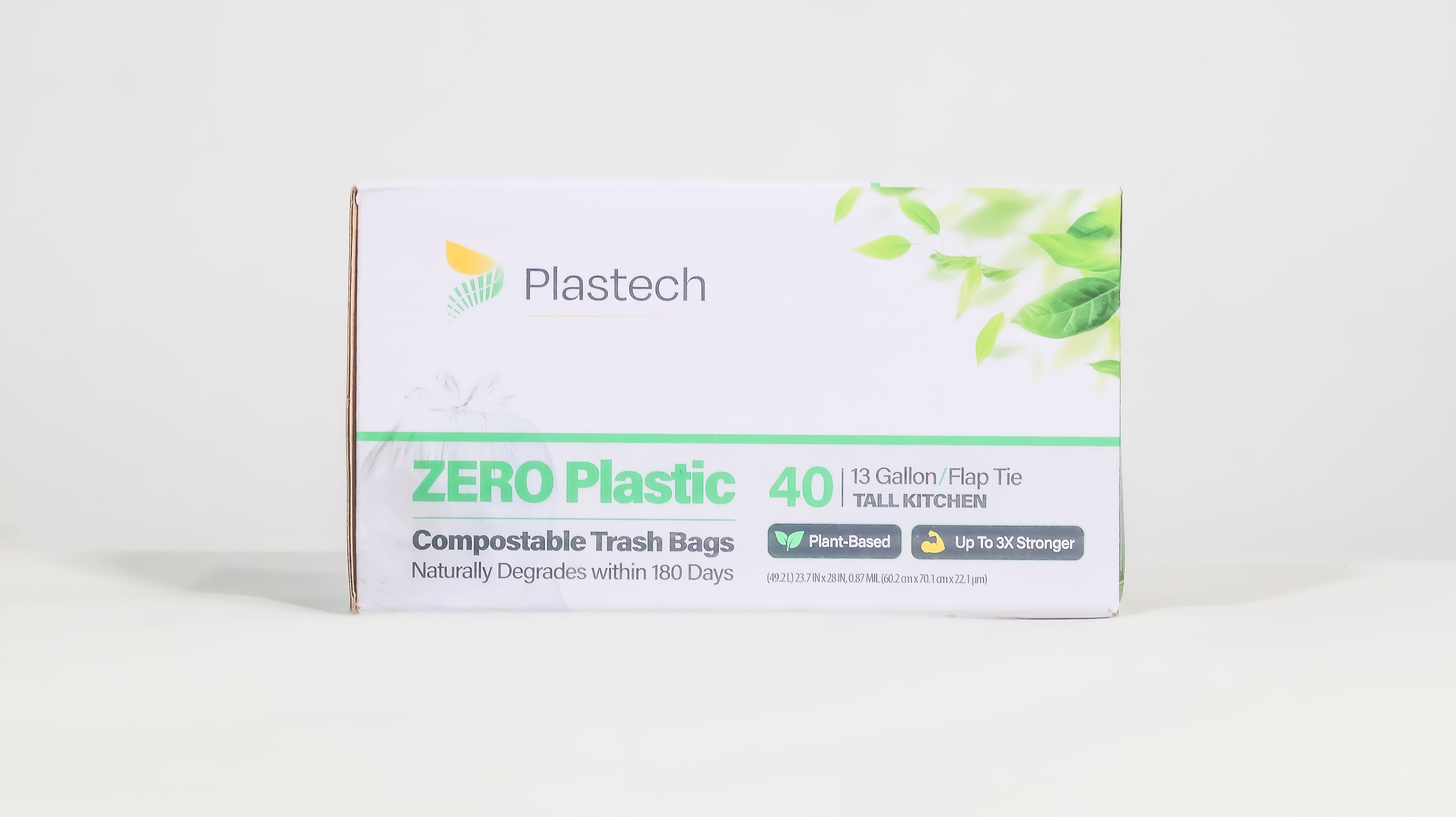 Plastech 13 Gallon Trash Bags with Flap-Tie - ZERO Plastic, 100% Certified Home Compostable, Plant-Based, Kitchen, White, 480 Bags, 23.75 x 28 inches, 12 Retail Boxes