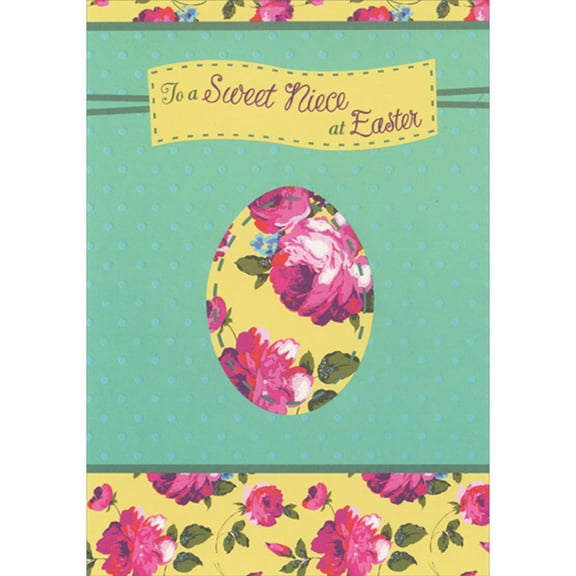 Designer Greetings Floral Decorated Yellow Egg on Polka Dotted Green Background Easter Card for Niece