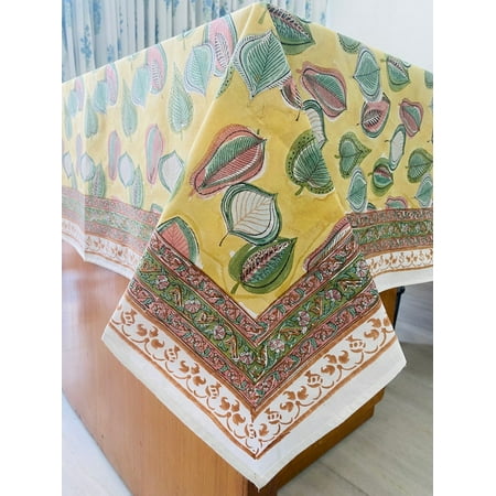 

Latte Yellow Indian Hand Block Leaves Printed Cotton Tablecloth Table Cover Housewarming Home Wedding Events Party Picnic Restaurant Gifts