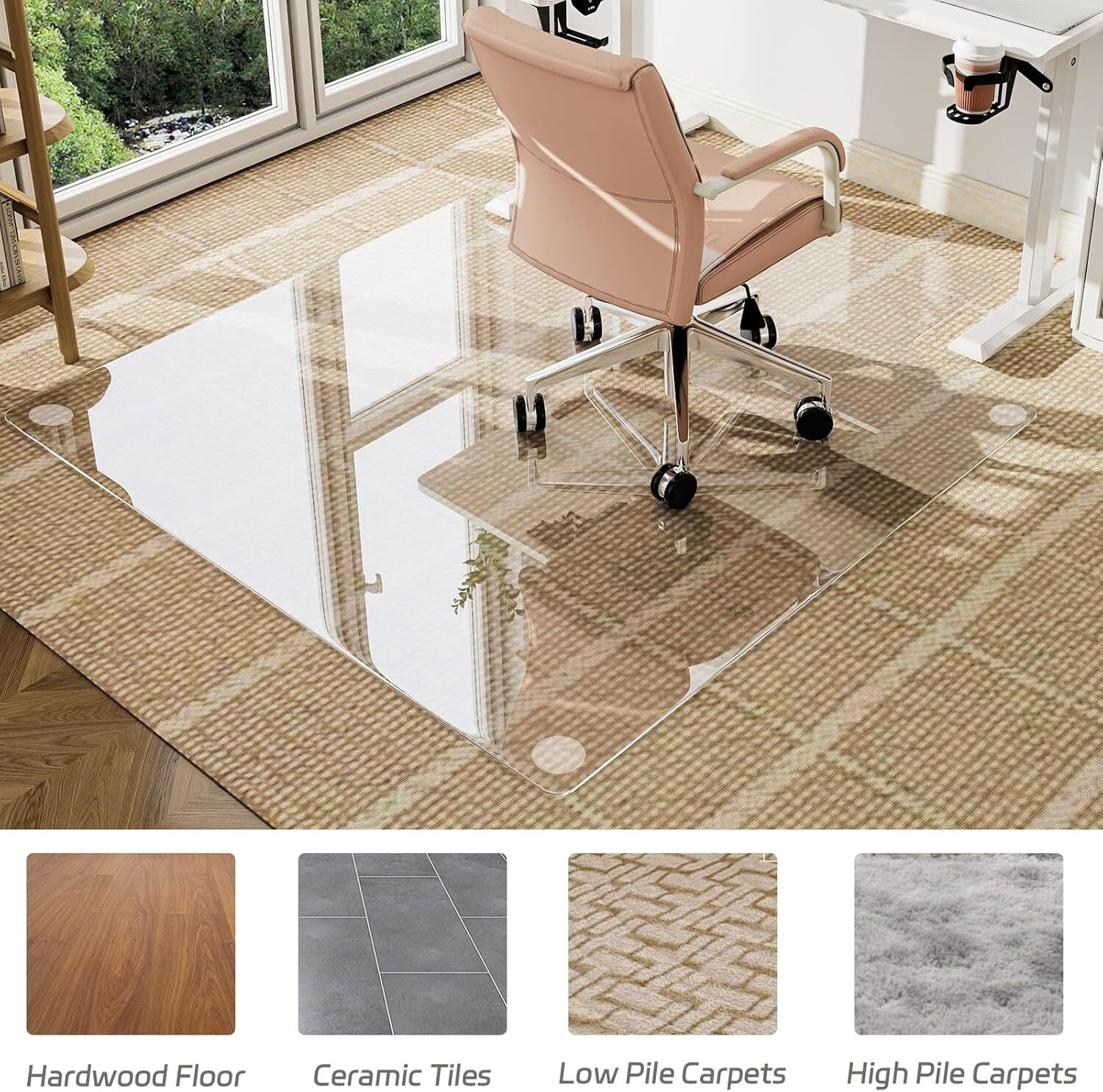 Easy4Home 53"x45" Irregular Tempered Glass Chair Mat for Carpet & Hard Floors, Heavy Duty Office Chair Floor Protector with Anti-Slip Pads, Clear