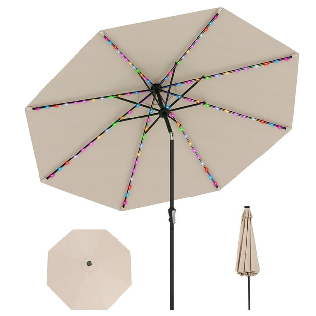 Gymax 10 FT Solar Patio Umbrella w/96 Multi-colored LED Lights & 9 Modes Vented Top Beige