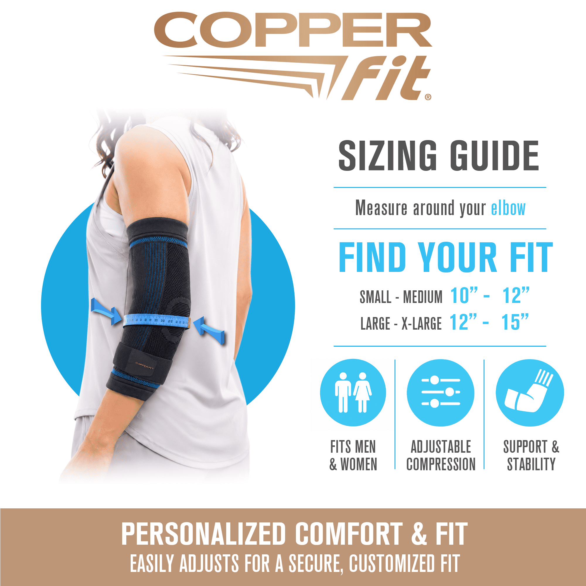 Copper Fit Dual Action Elbow Compression Sleeve, Supports Tendonitis, Removable Gel Pressure Pad, L/XL