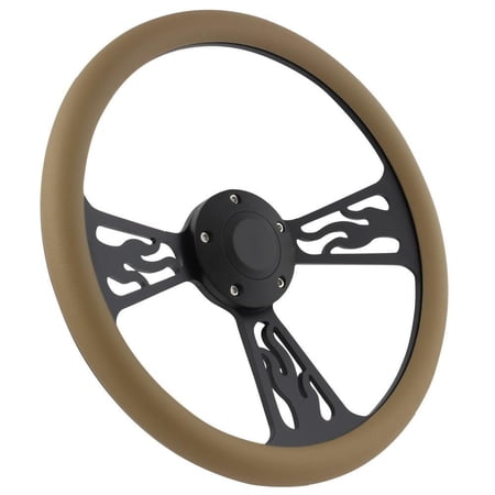 85-88 FORD Ranger (midsize), Bronco II, Aerostar 14 Inch Black Flame 5 Hole Steering Wheel Tan Half Wrap