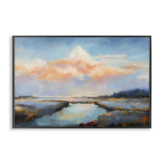 Stupell Industries River with Pastel Clouds Landscape & Nature Painting Black Framed Art Print Wall Art, 18 x 12