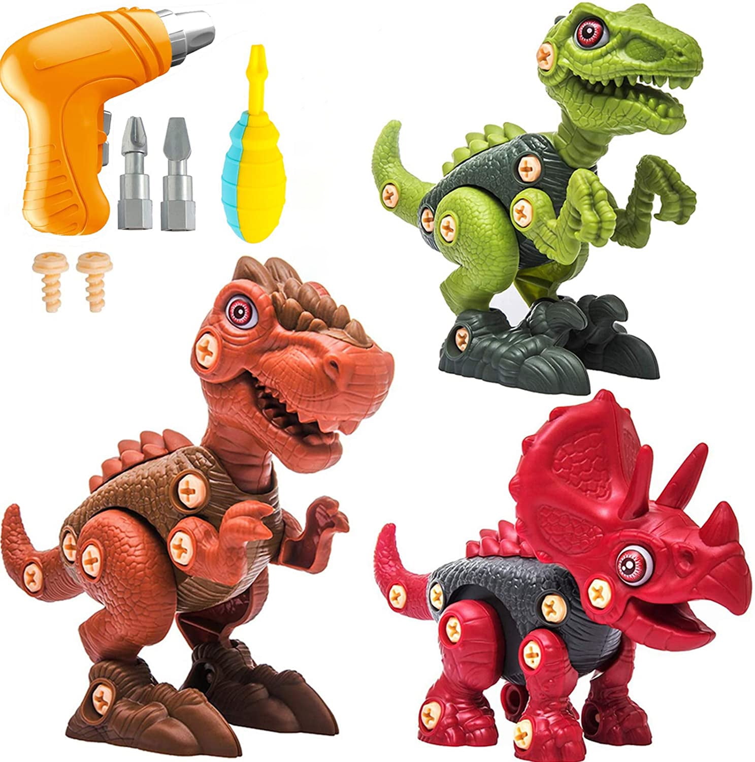 4 Pack Take Apart Dinosaur Toys STEM Puzzles Construction Engineering Kits Building Blocks with Electric Drill Toys for 3 4 5 6 7 8 Year Old Boys Girls Toddler Gifts Dinosaur Toys for Kids 3-5