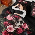 thumbnail image 5 of Manfei Romantic Gothic Skeleton Bedding Comforter Set 7pcs for Kids, Pink Flower Plant King Bedding Sets, Horror Crow Reversible Bed Sheets, Lightweight Room Decor, 5 of 8