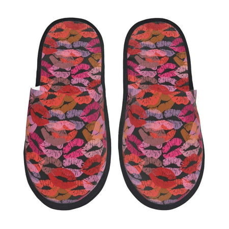 Balery Red Lips Kissing Slient Indoor Furry Fleece Comfort House Shoes Soft Non-Slip Home Shoes Cotton slippers House Slippers-- Large