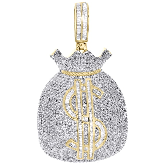 10K Yellow Gold Baguette Diamond Mens Iced Dollar Sign Money Bag Pendant 4.33 CT