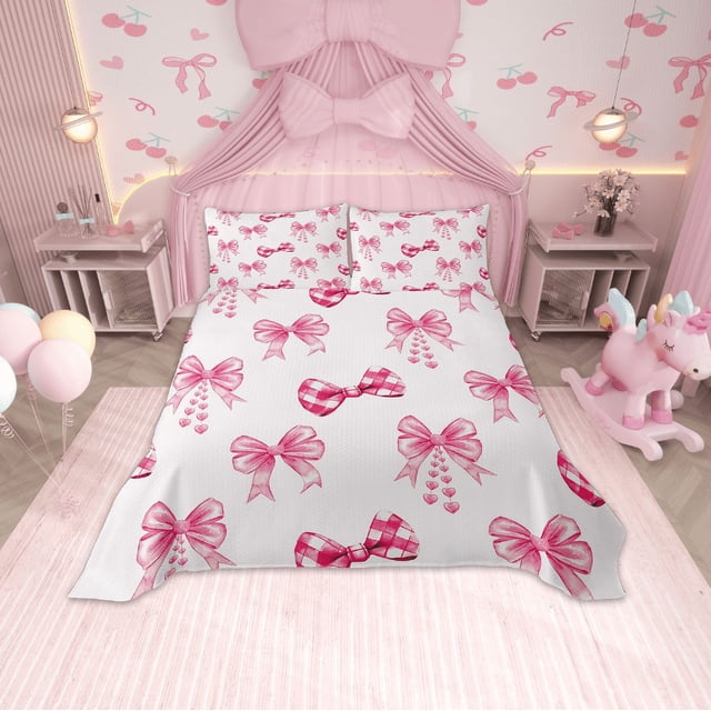 Erosebridal Ensembles de Courtepointe à Nœud Papillon Princesse pour Lit Format Grand, Ensemble de Lit à Nœud Rêveur pour Chambre de Fille, Microfibre 3 Pcs