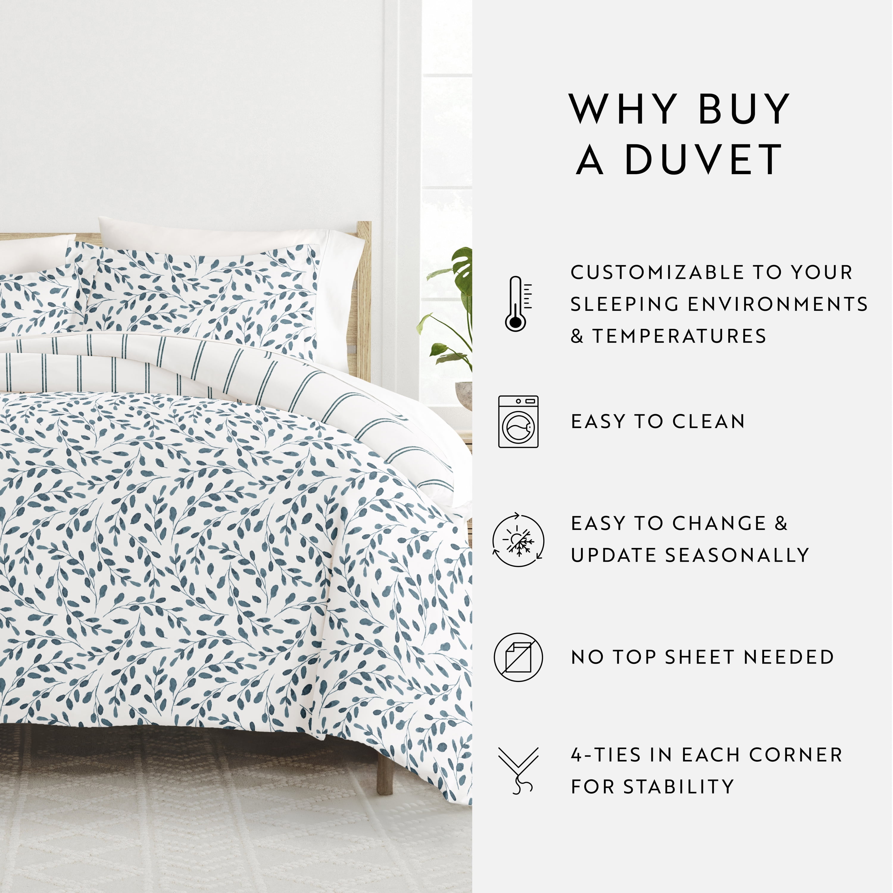 Noble Linens Watercolor Vines Blue 3-Piece Patterned Duvet Cover Set, King