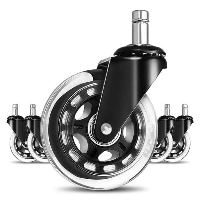 yeacher 3-Inch Double Ball Bearing PU Silent Swivel Casters for Office Chairs, Transparent Flower Core Design, 5-Pack with Snap Rings, 50kg Load Capacity