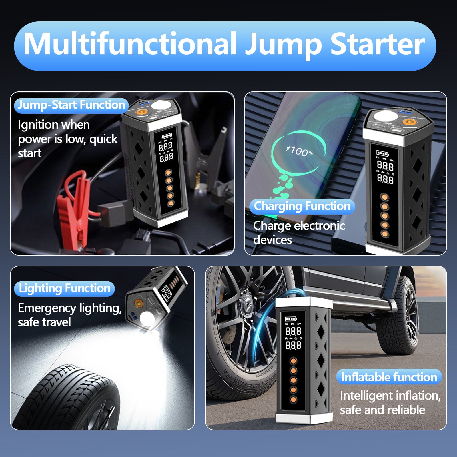 Gijjgole Jump Starter with Air Compressor, 4-in-1 1000A Peak Car Battery Jump Starter Portable, 12V Jump Box Car Battery Jumper Starter with Jumper Cables, LED Light, LCD Display, Father's Day gift