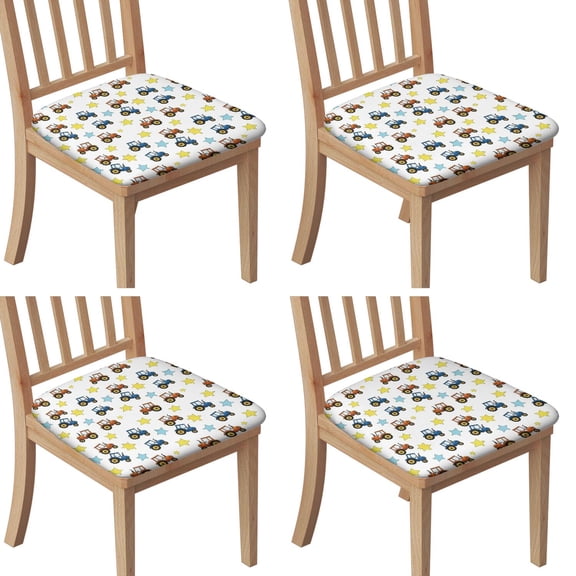 Cartoon Tractors Stars White Pattern Seat Covers for Dining Room Chairs Set Of 4,Stretch Printed Washable Chair Seat Cover with Elastic Ties and Button,Removable Waterproof Couch Cushion Covers