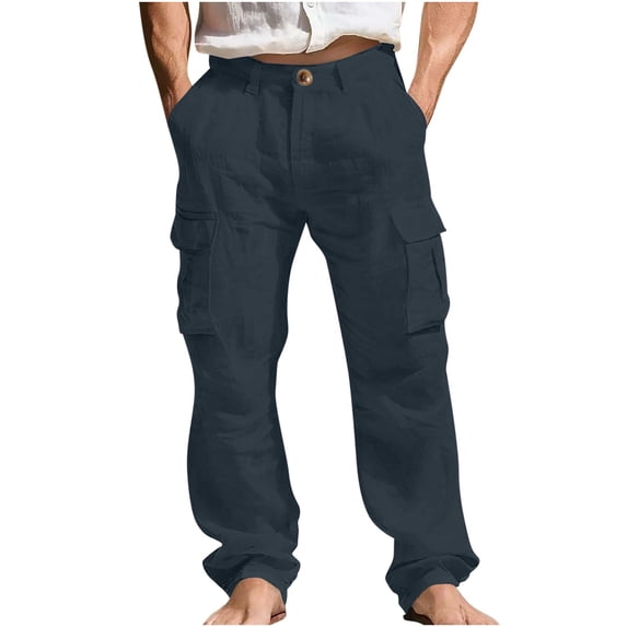 Homenesgenics Mens Pants Solid-Color Mid-Length Linen-Style Casual Pants with Pockets and Button Design Loose-Fit and Breathable Blue XXL