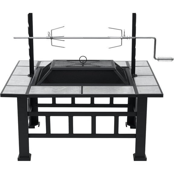 Fire Pit Table for Outside 37 Inch Square Firepits with Grill Large Wood Burning Heavy Duty Steel BBQ Bonfire Pit Outdoor Cooking with Spark Screen Log Grate Poker for Backyard Garden Camping