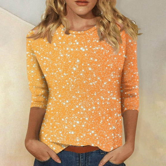 Cavosen Ladies Tops 3/4 Sleeve Glitter Sparkly Print Pullover Shirts Round Neck Shiny Blouse Solid Color Party Tees Trendy Casual Dressy Elegant Evening T-Shirts Holiday 2XL