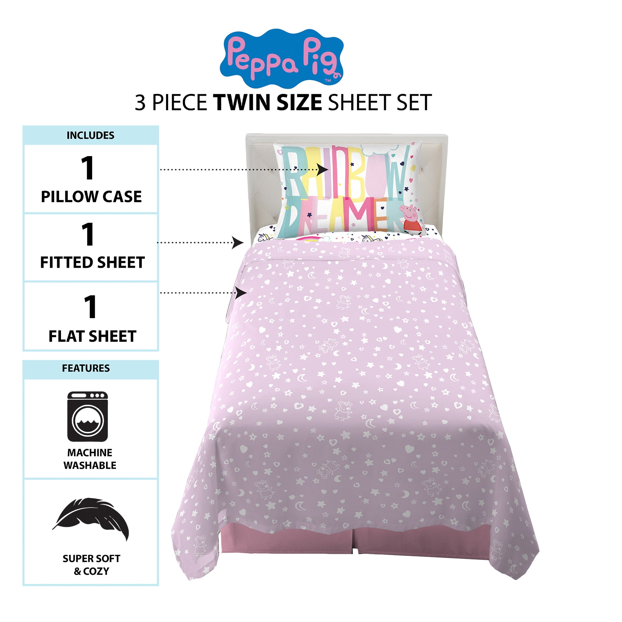 Peppa Pig Kids Twin Sheet Set, Pink and White