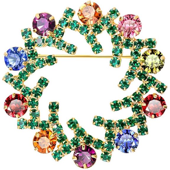 [Clearance] Wreath Brooch Pin for Women Sparkling Crystal Brooches Decorations Merry Friendship Decorative Wreath Bell Charm Colorful Jewelry Gift for Wife Girlfriend on Clearance