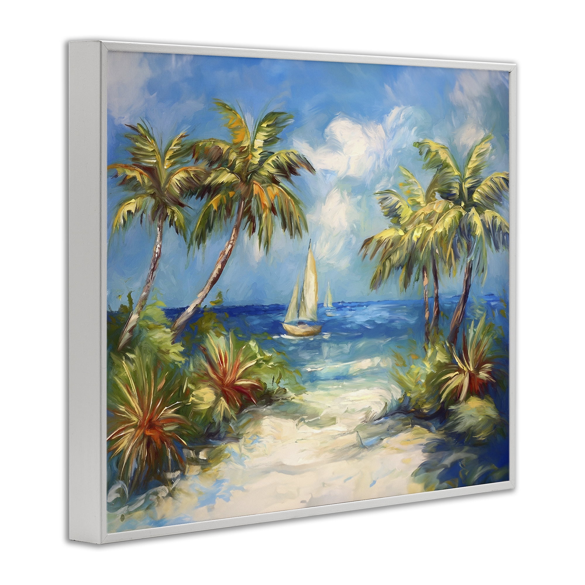 Stupell Industries Tropical Paradise Harbor Coastal Painting White Framed Art Print Wall Art, 14 x 11