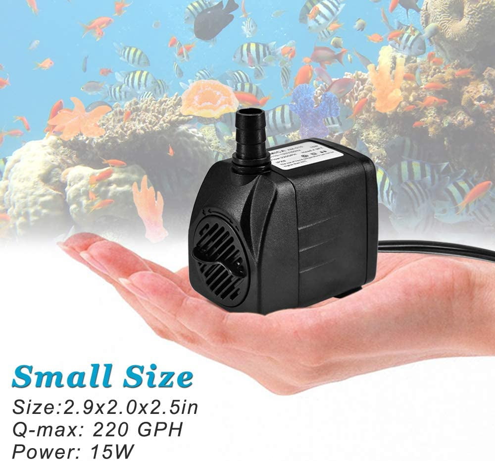 220GPH Ultra Quiet Fountain Pump (15W 800L/H), Small Submersible Pump for Pond, Water Feature, Aquariums, Hydroponics, Indoor or Outdoor Fountain