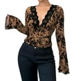 thumbnail image 2 of Womens Dressy Blouse Bell Long Sleeve Deep V Neck Floral Lace Tops Sexy Sheer Mesh T Shirts Slim Fitted Tunic Tops Khaki L, 2 of 6
