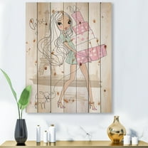 Designart 'Young Woman With Shopping Boxes In Paris' Shabby Chic Print on Natural Pine Wood