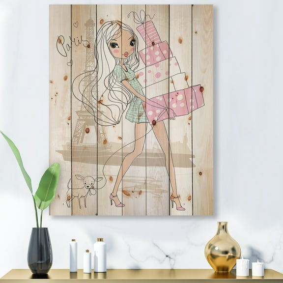 Designart 'Young Woman With Shopping Boxes In Paris' Shabby Chic Print on Natural Pine Wood