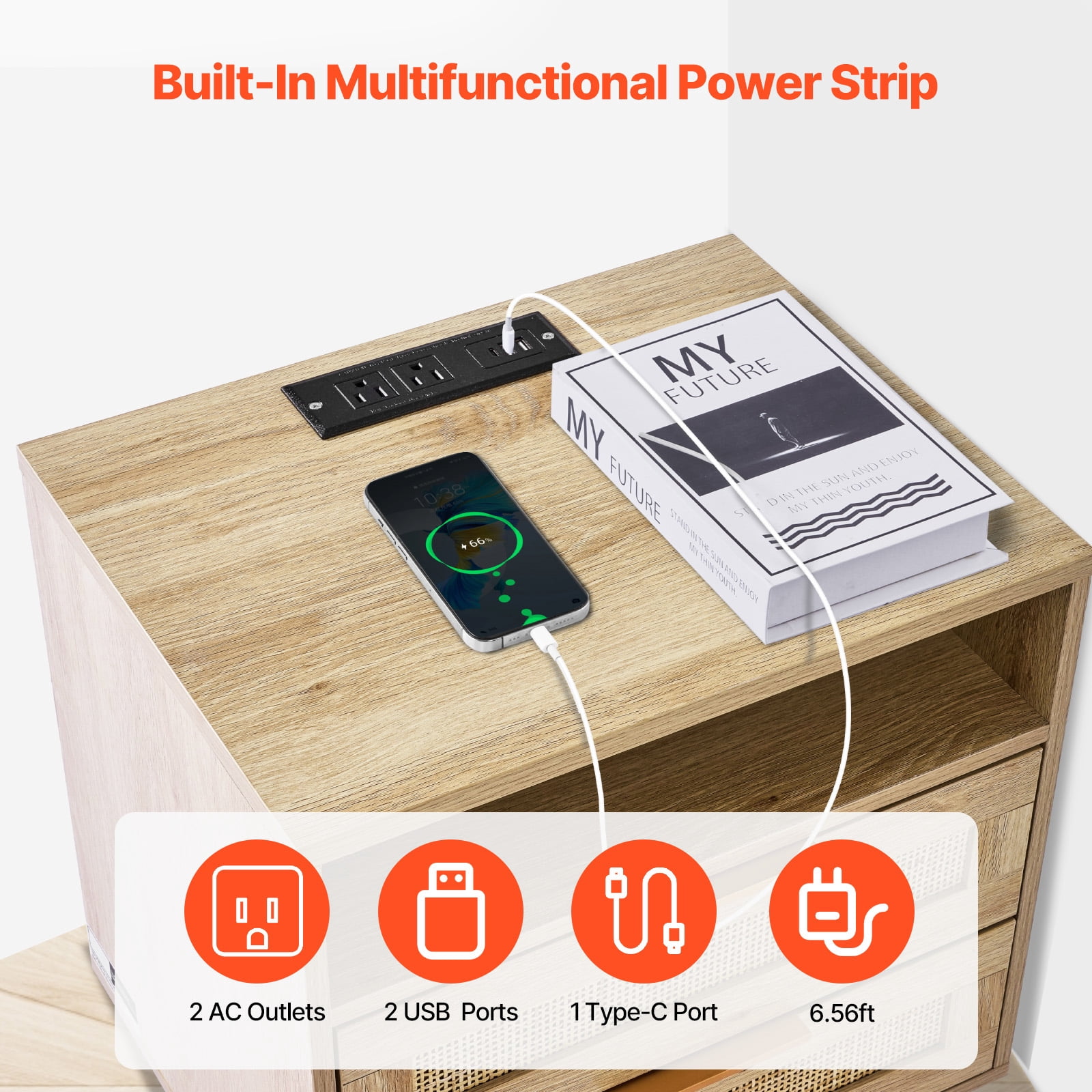 KFFKFF Wicker Nightstand, Bohemian Style Side Table with Open Compartment and Dual Drawers, Wicker Accent Table Nightstand with Sturdy Wooden Legs, Wicker Bedside Table with Power Dock