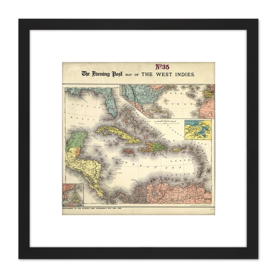 Evening Post 1898 Political Map West Indies 8X8 Inch Square Wooden Framed Wall Art Print Picture with Mount