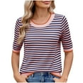 thumbnail image 1 of Pisexur Hauts de Printemps pour Femmes 2025, Hauts d'Entraînement pour Femmes, Hauts pour Dames Blouses à Manches Courtes Rayées Col Rond Mode Décontractée Rose, m, 1 of 8