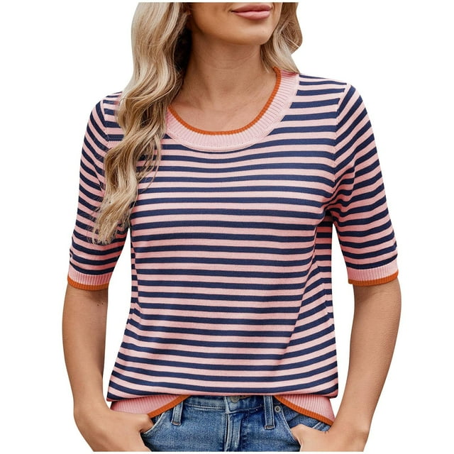 Pisexur Hauts de Printemps pour Femmes 2025, Hauts d'Entraînement pour Femmes, Hauts pour Dames Blouses à Manches Courtes Rayées Col Rond Mode Décontractée Rose, m
