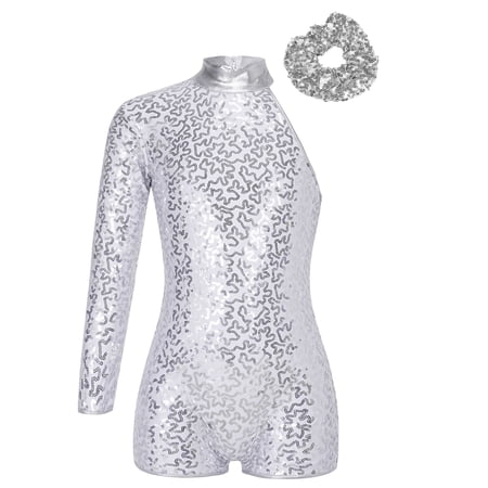 Aiihoo Kids Girls Shorty Unitard and Hair Tie Shiny Sequins Zipper Back Leotard Stage Performance Street Jazz Dance Suit Silver 6