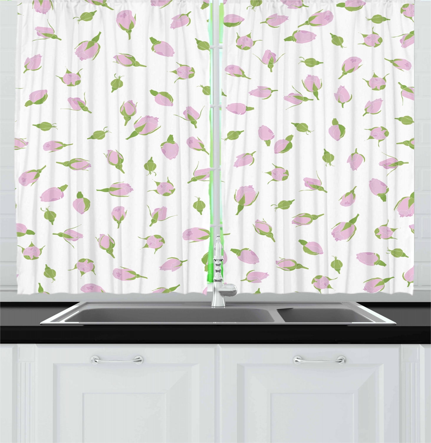 Rose Curtains 2 Panels Set, Rosebuds Romantic Flowers with Leaves