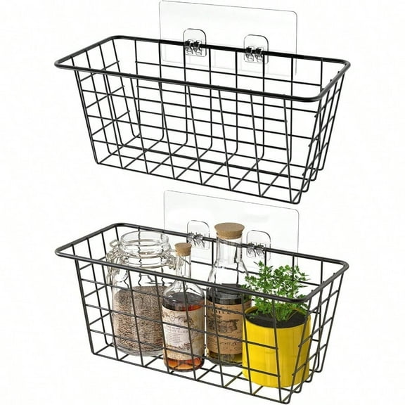 MaraFansie Hanging Kitchen Baskets Wire Storage Basket Over the Cabinet Door Organizer No Drilling Adhesive Basket for Cabinet Pantry Organization and Kitchen Bathroom Storage 2 Pack Black
