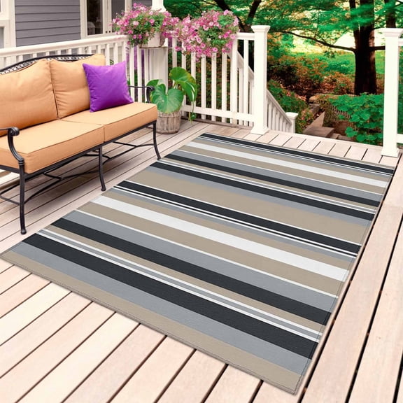 Black Grey Brown Striped Outdoor Rug for Patio/Deck/Porch, Non-Slip Large Area Rug 6 x 9 Ft, Modern Stripes Art Farmhouse Indoor Outdoor Rugs Washable Area Rugs, Reversible Camping Rug Carpet Runner