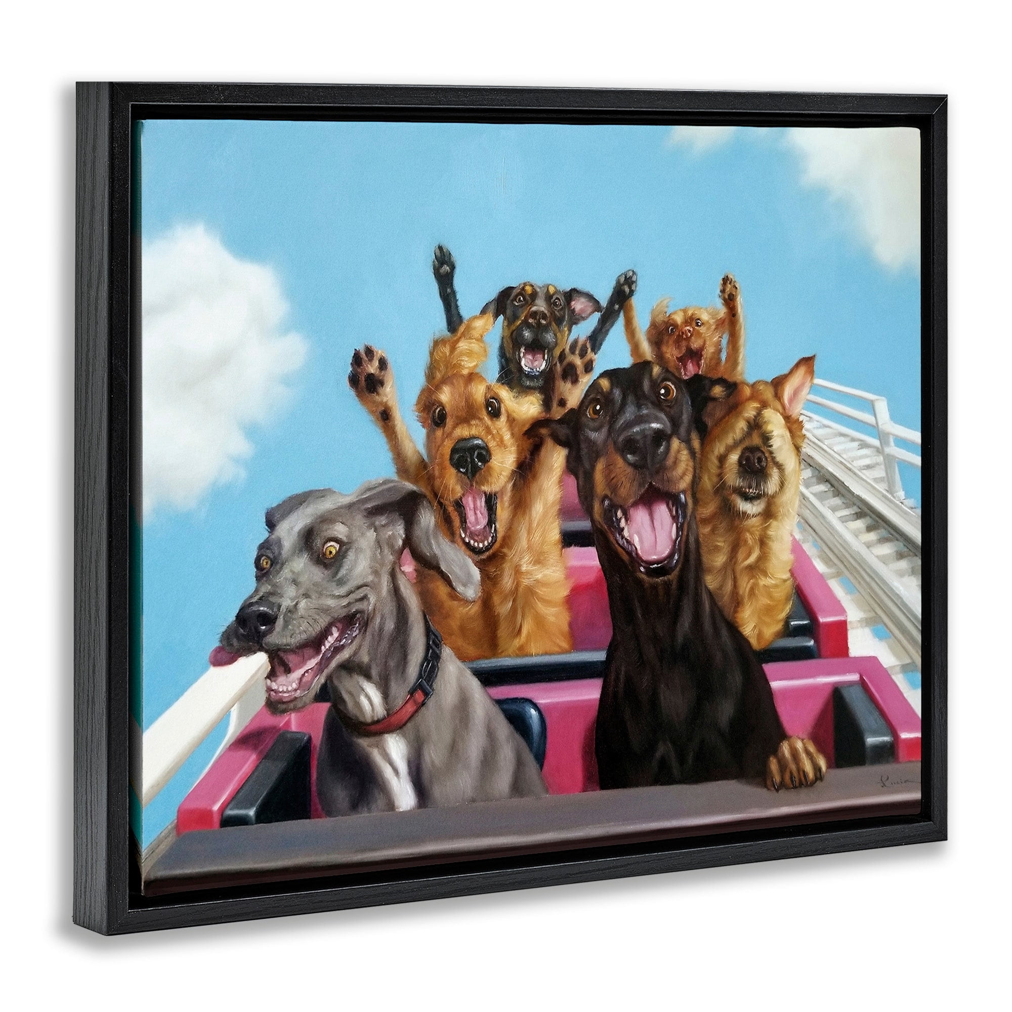 Stupell Industries Dogs Riding Roller Coaster Funny Amusement Park Jet Black Framed Floating Canvas Wall Art, 16x20, by Lucia Heffernan