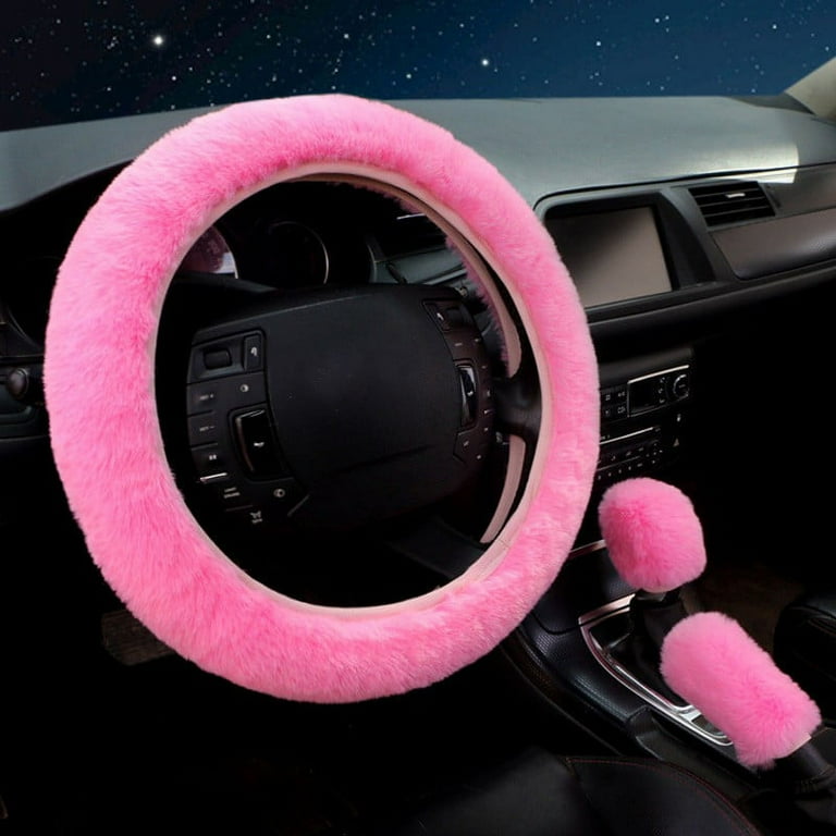 GLFILL 3Pcs/Set Fur Fluffy Thick Auto Car Steering Wheel Plush Cover Soft  Wool Winter 