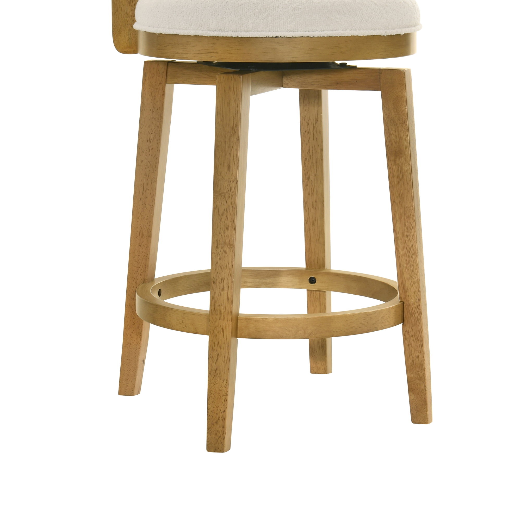 Winsley Coastal Modern Swivel Wood Counter Height Kitchen Bar Stool in Amber Glow Finish with White Boucle Fabric Upholstered Seat - Set of 3