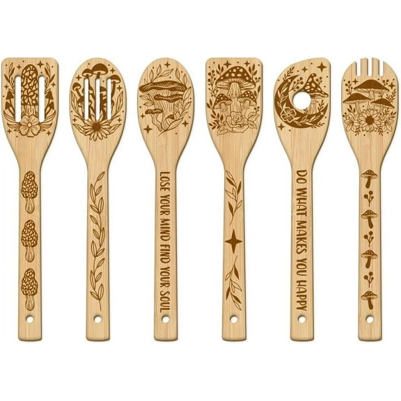 6Pcs Mushroom Bamboo Cooking Utensils Wooden Engraved Cooking Spoons Set Carving Kitchen Bamboo Spatula Set Wood Cooking Spoon for Kitchen House Warming Gift DIY
