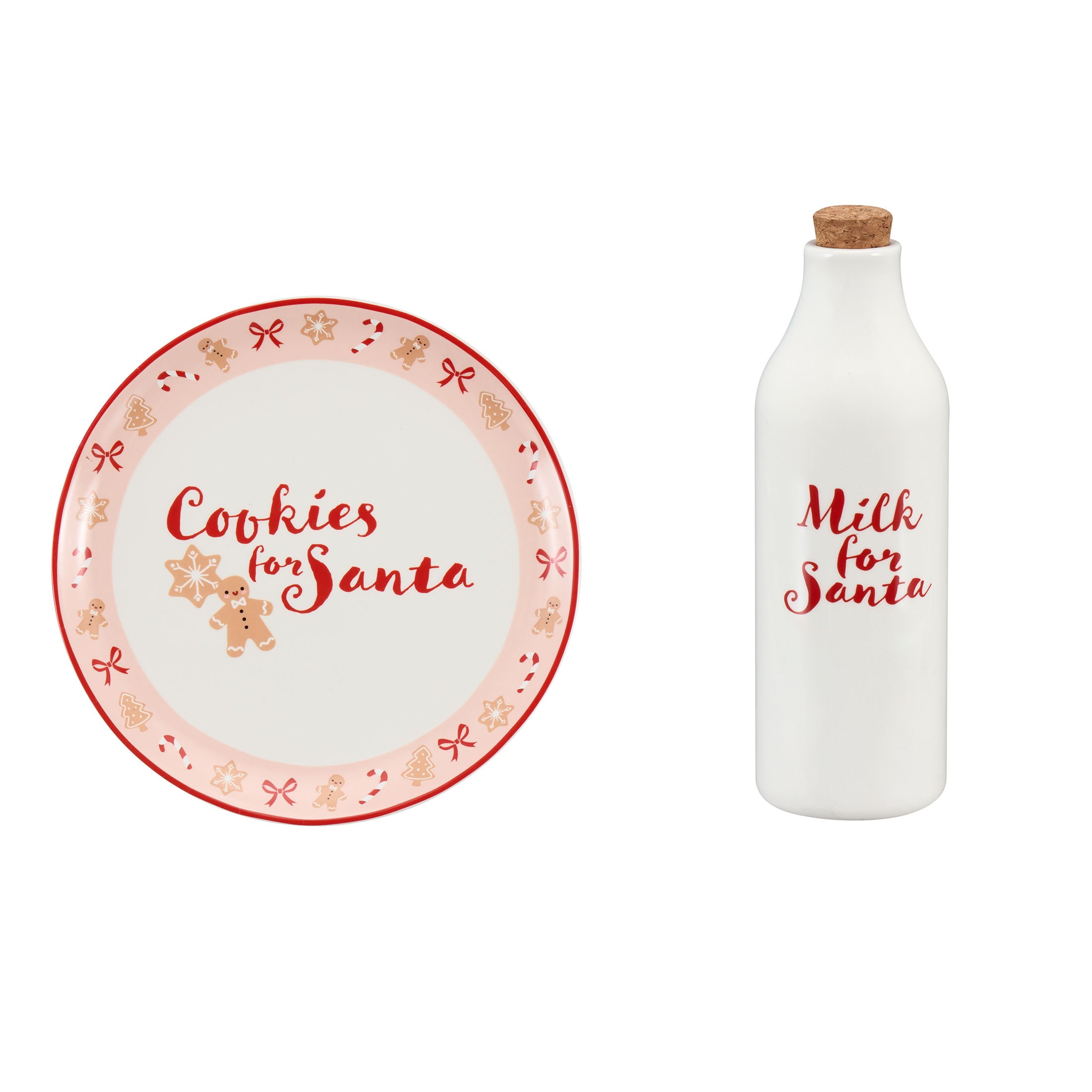 Holiday Time Multicolor Round Glazed Earthenware Ceramic Santa Cookie Plate with Corked Milk Bottle