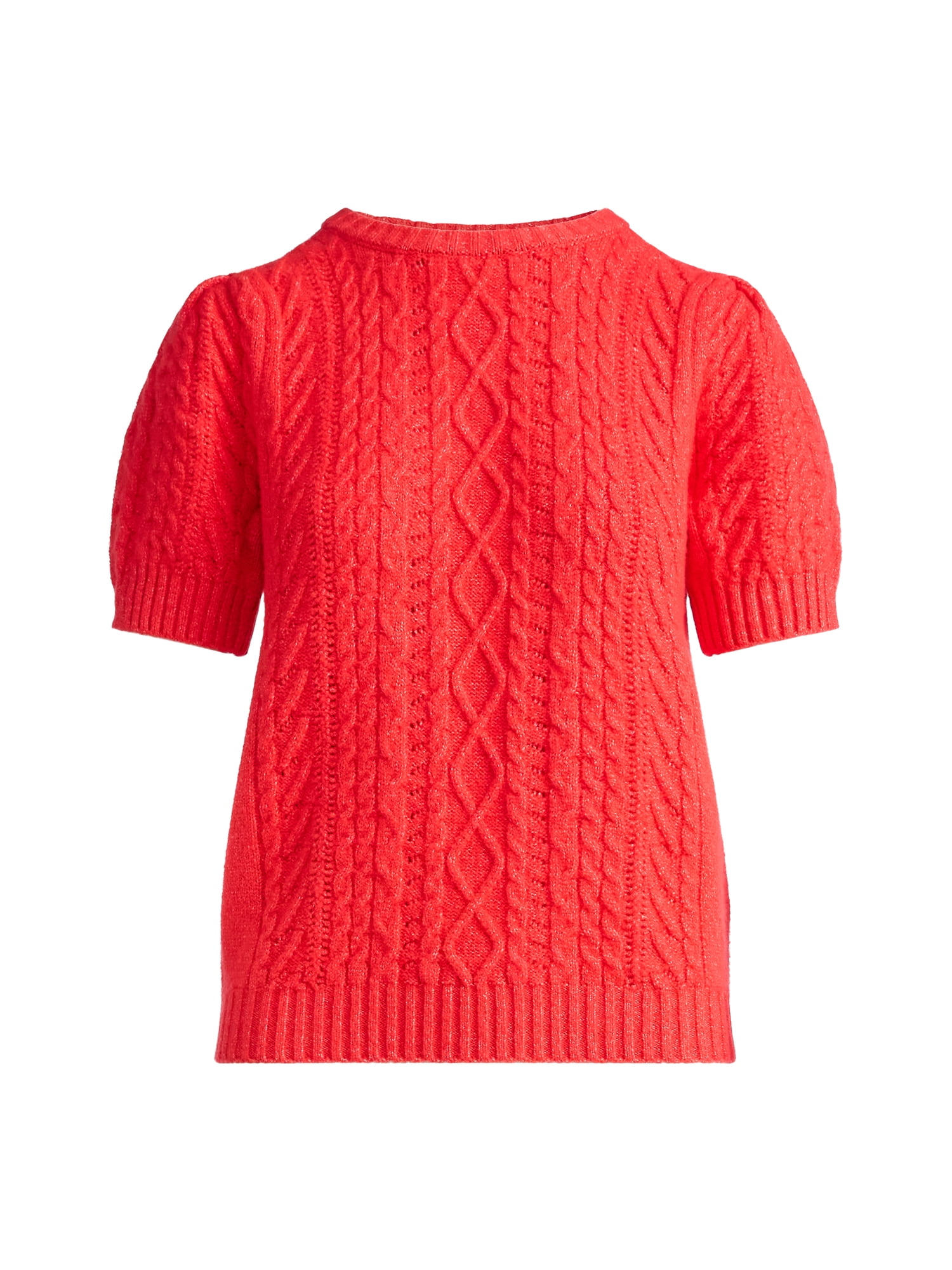 Free Assembly Women's Cable Knit Sweater with Short Puff Sleeves, Sizes XS-XXL