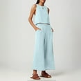 thumbnail image 4 of Conjunto de dos piezas de lino de color liso para mujer: top corto sin mangas con botones y pantalones de pierna ancha, tejido transpirable para el verano, 4 of 8