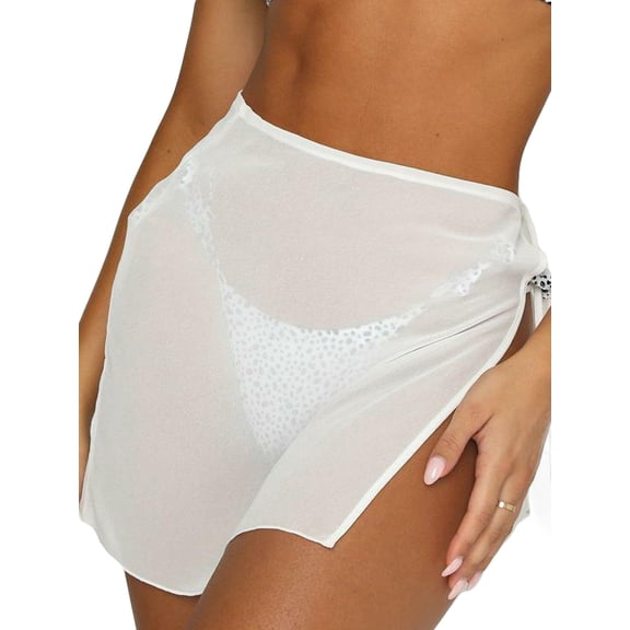 LMLYSoH See Through Lace Up Sheer Skirts Swimsuit Cover-Ups Solid Color Women Beach Skirts Summer Female High Waist Mini Cover Ups