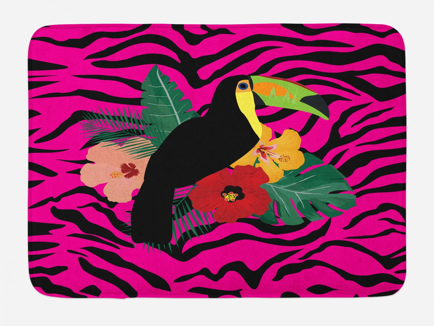 Pink Zebra Bath Mat, Toucan Bird Sitting on Hibiscus Plants Flowers ...